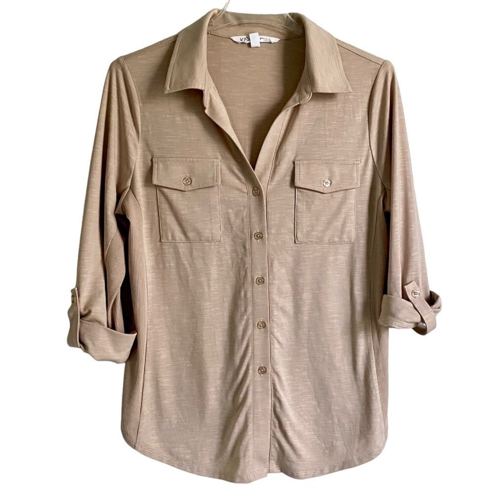 Kiss and Fly Button Down Shirt Roll Tab Sleeves Beige Women's Size Medium